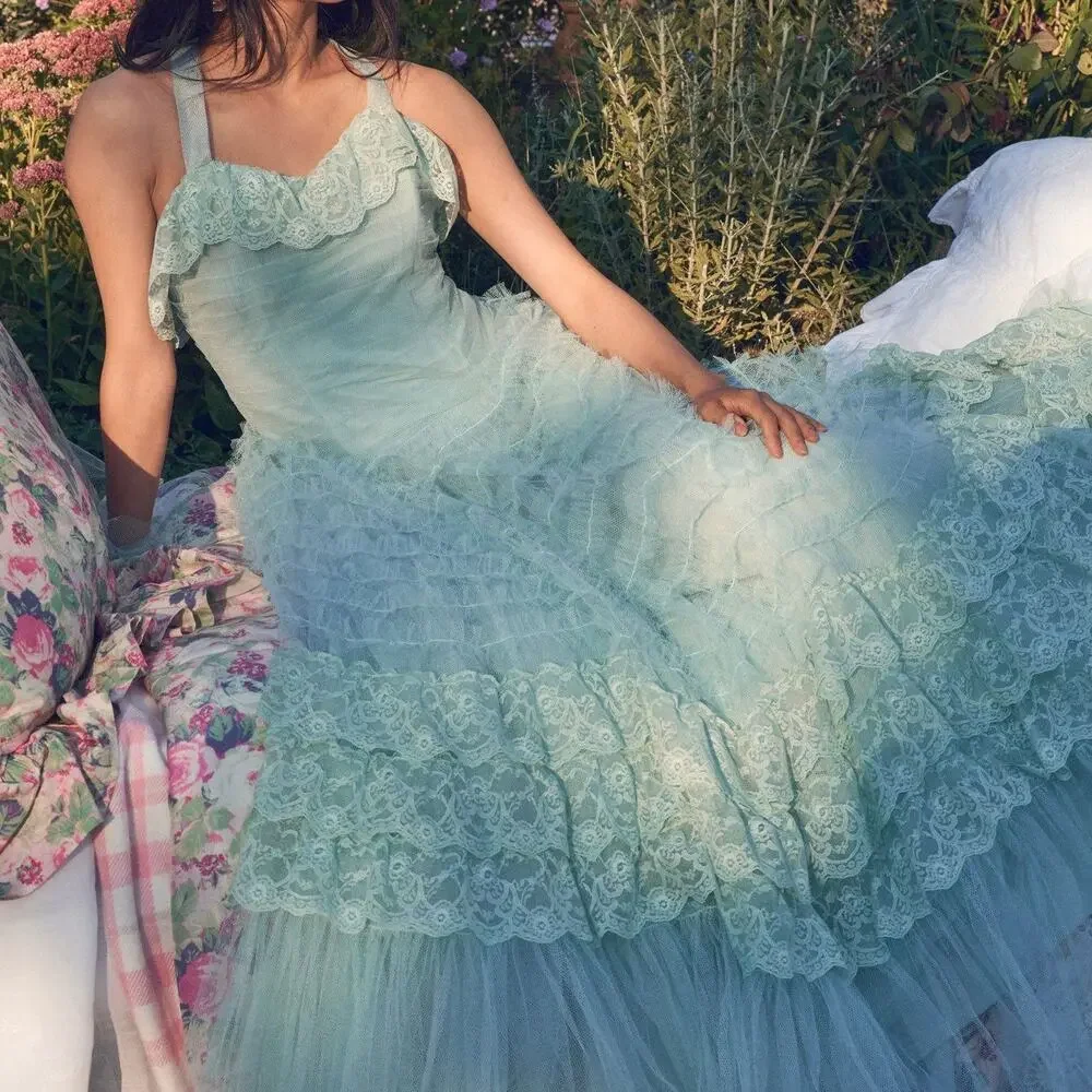 LoveShackFancy Sharelle Tulle Maxi Dress Gown Mint Green - Picture 2 of 9